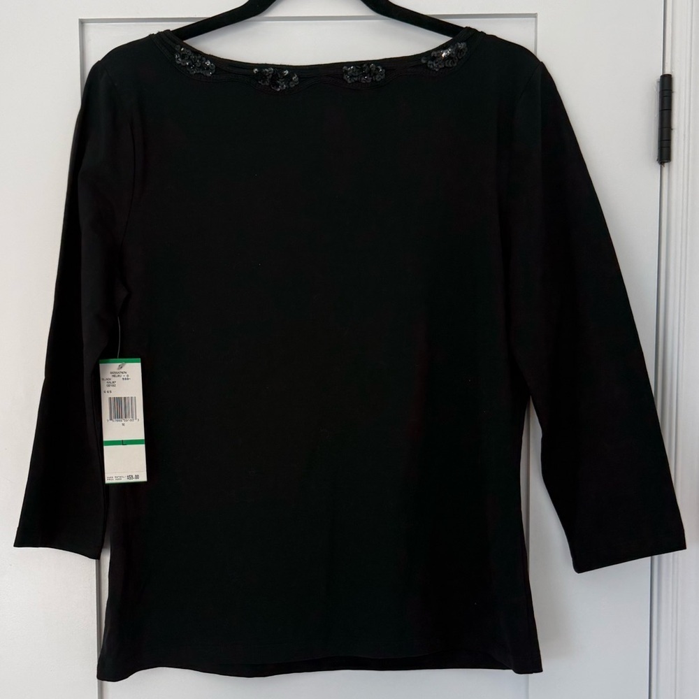 Black Sequin Neckline Top L ✨ Classic Workwear Stretch 3/4 Sleeve - Picture 3 of 6